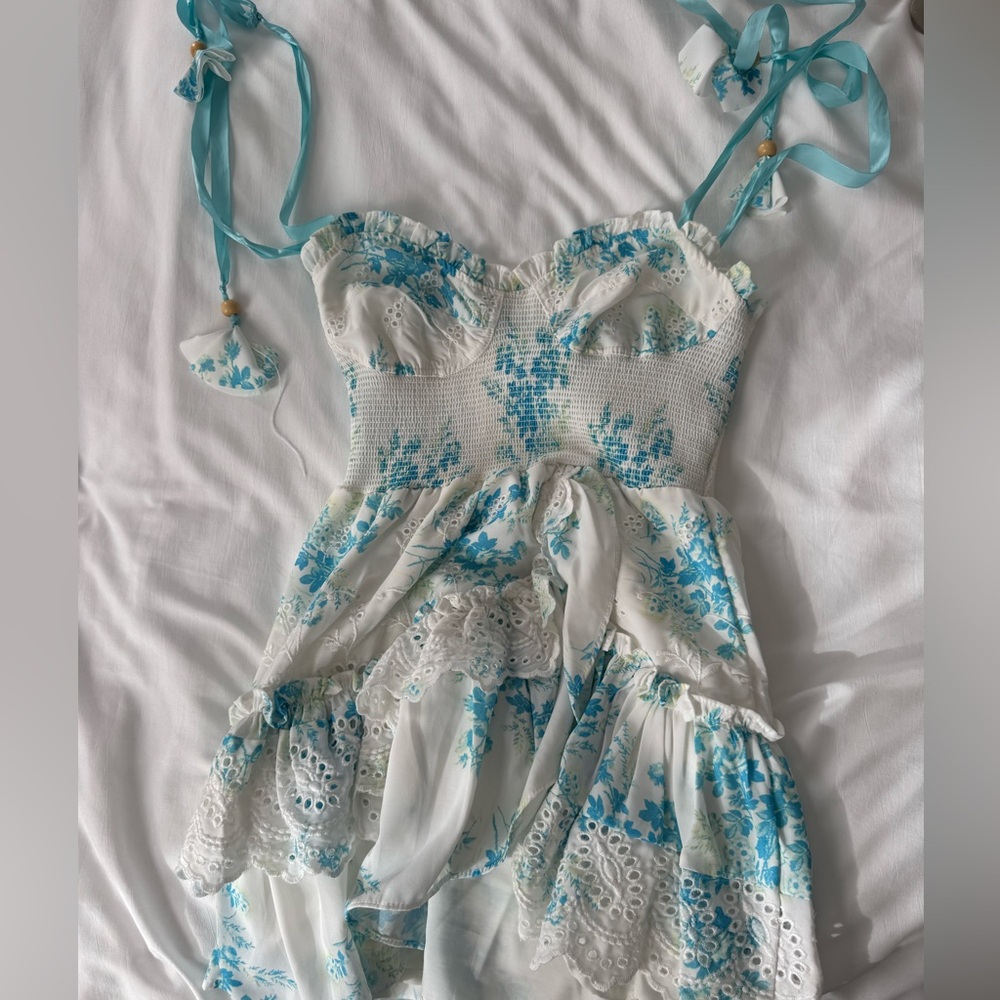 Blue & White Ruched Lace Ruffle Mini Dress w/ Beaded Ribbon Straps Size XS